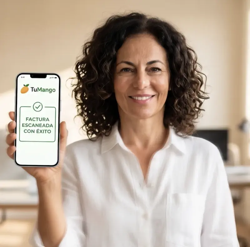 Mujer sonriendo sostiene un celular con la app de TuMango mostrando una factura escaneada con éxito