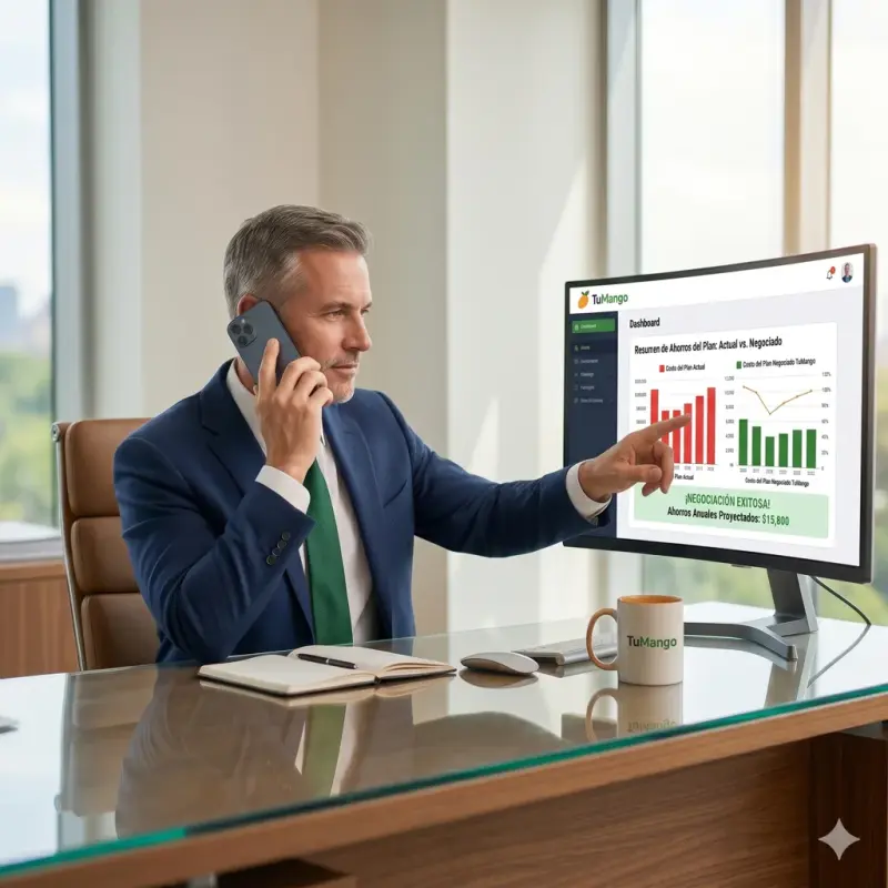 Ejecutivo de TuMango negociando por teléfono mientras revisa un dashboard con el ahorro conseguido en la factura del cliente