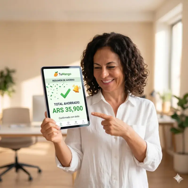 Mujer feliz señalando una tablet con la app de TuMango que muestra un ahorro total de ARS 35.900 en su factura
